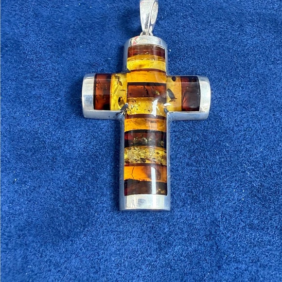 Amber and Silver Cross Pendant Sterling Silver